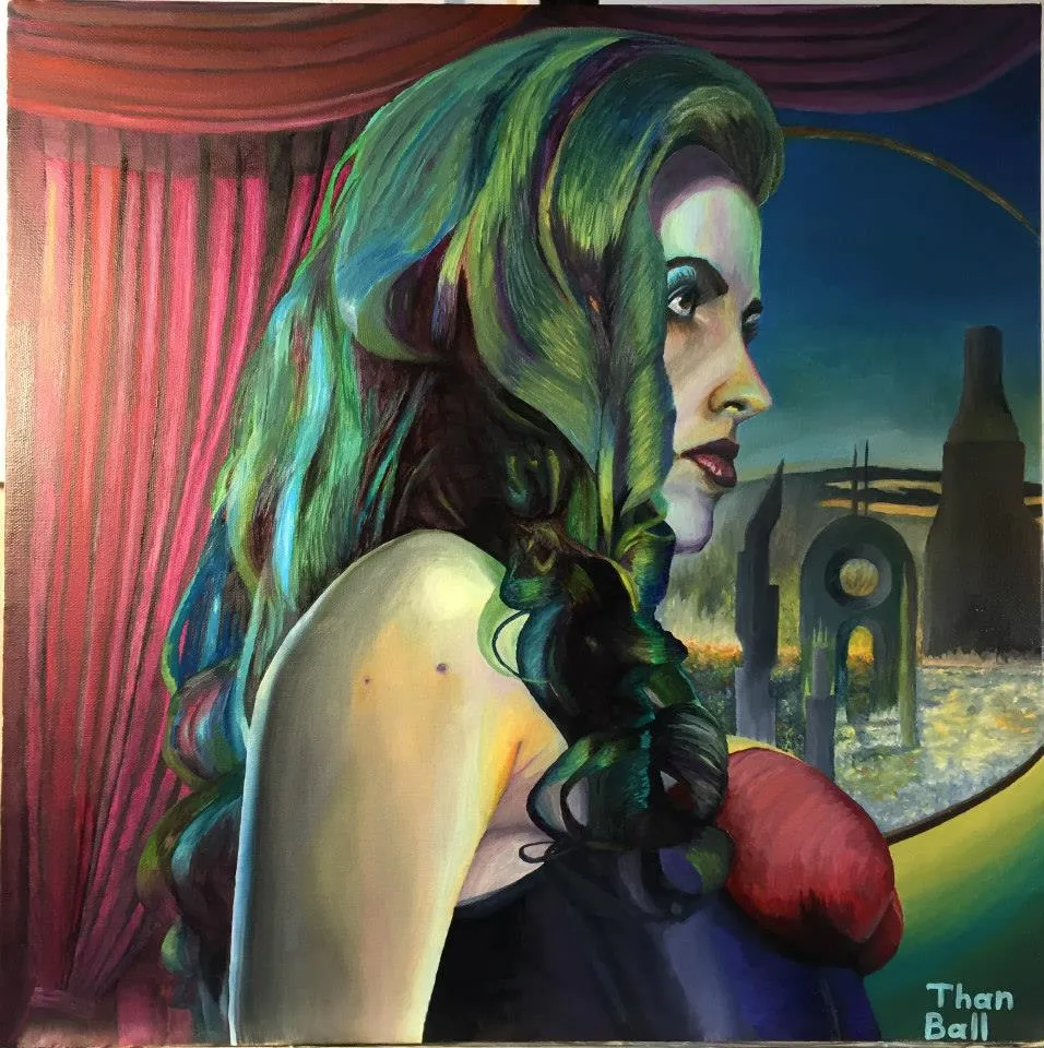 Profile of a woman with long green wavy hair in front of a red curtain and a dreamlike industrial landscape