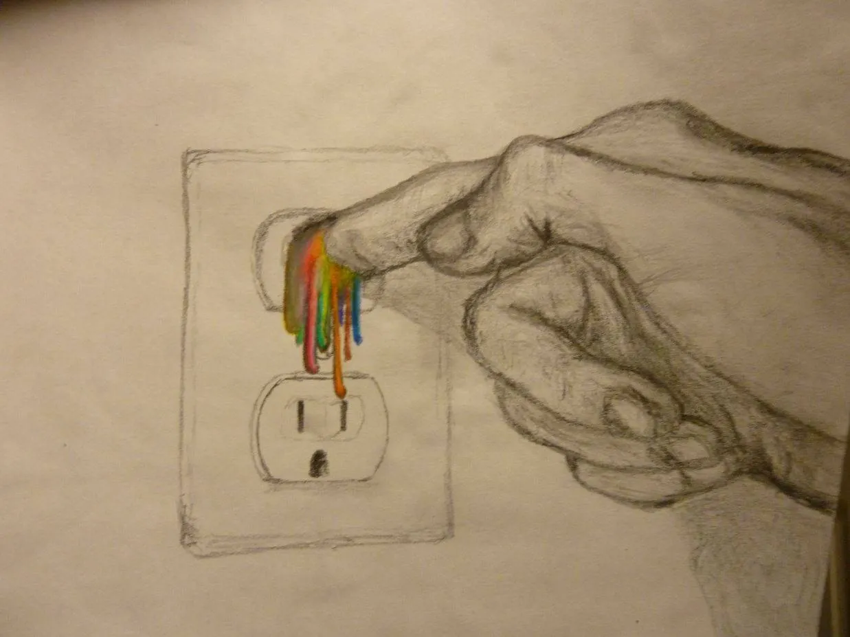 Pencil drawing of a hand reaching for a wall outlet, with colorful drips falling from the fingertips
