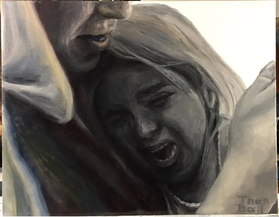 Grayscale painting of two people embracing, one crying with her mouth open
