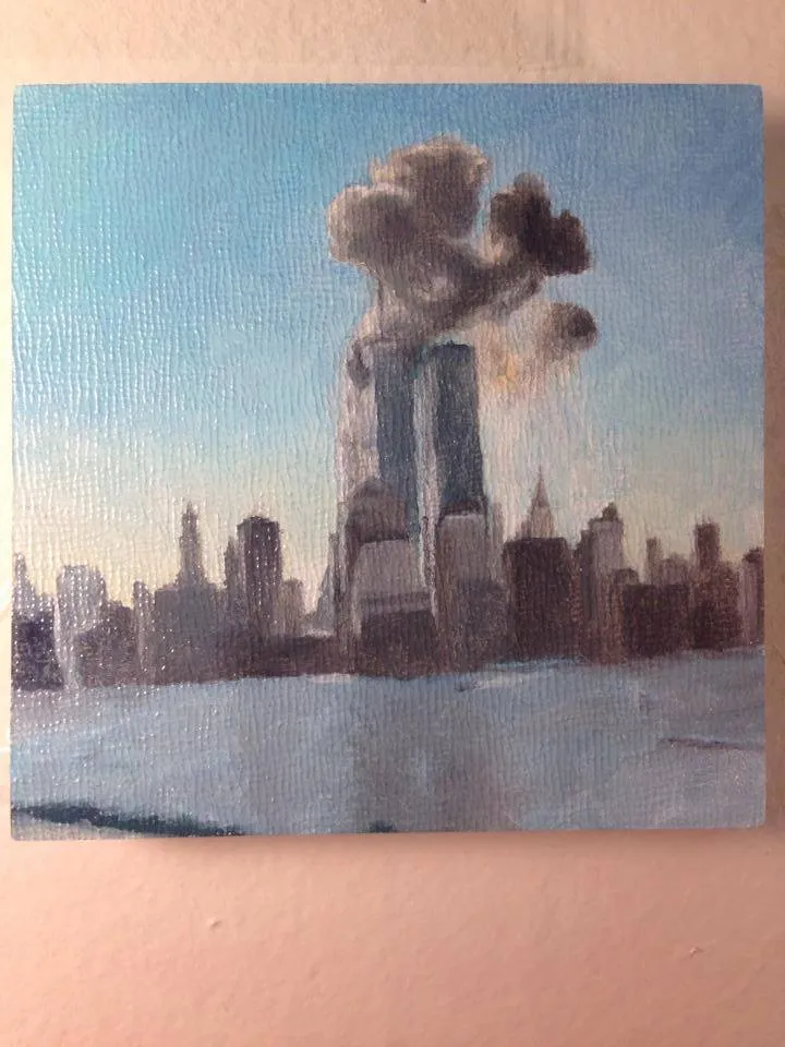 Small painting of the New York City skyline with dark smoke rising from the World Trade Center towers