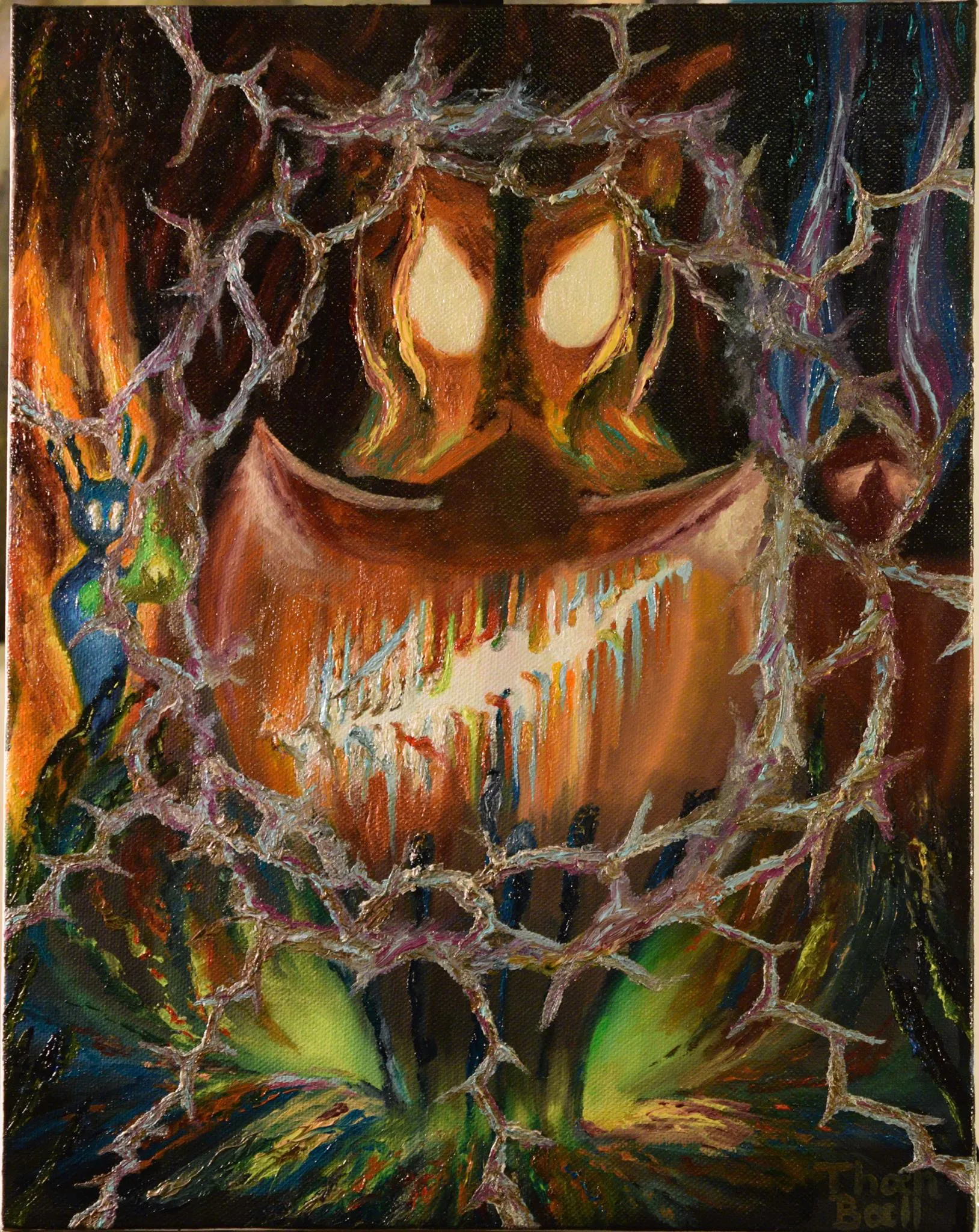 Fiery glowing-eyed creature wrapped in thorny wire, surrounded by green plants