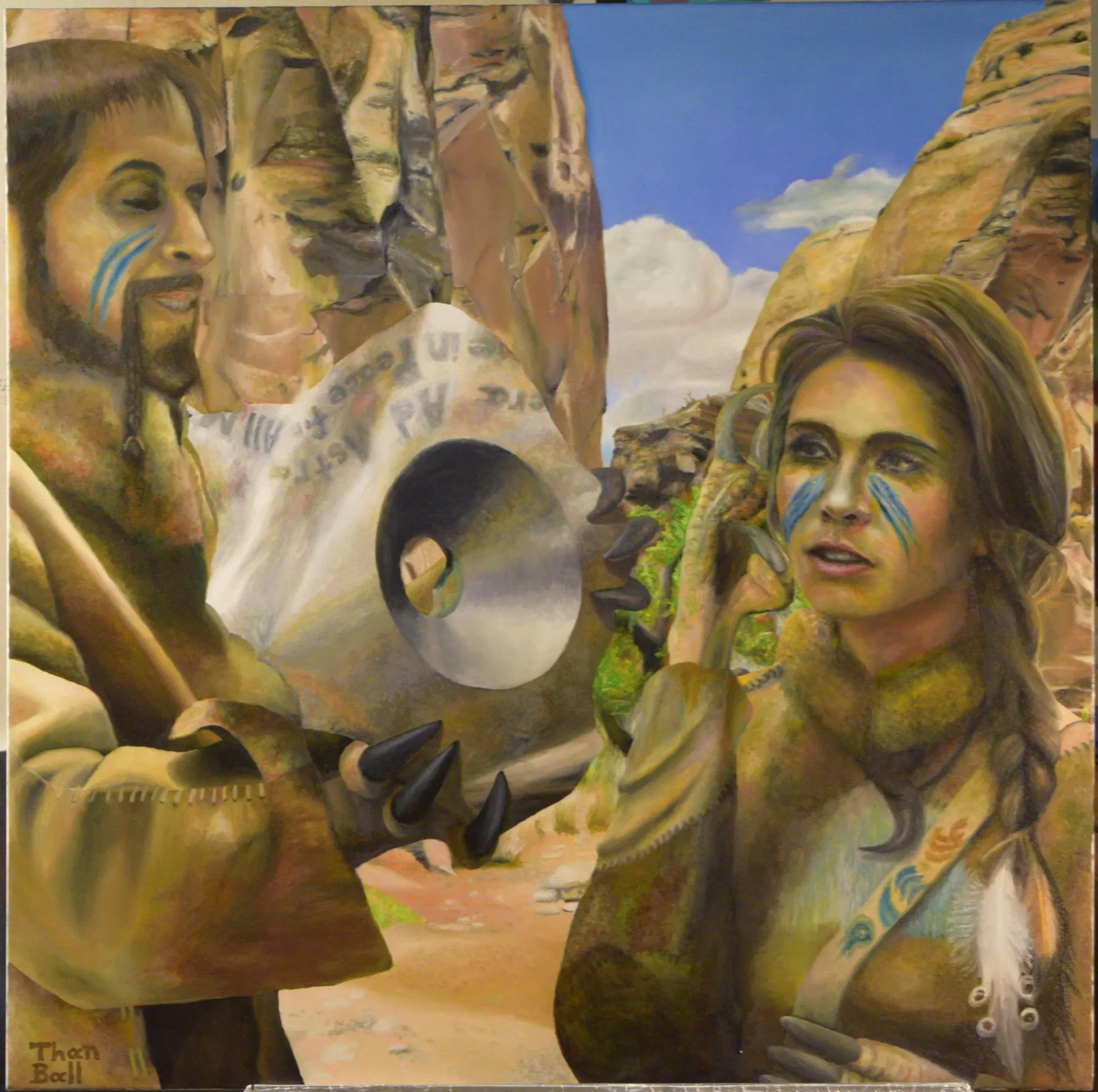 Two figures with blue face paint in a rocky desert canyon, with a large metallic dish between them
